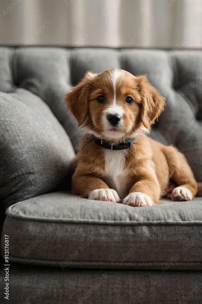 A small brown and white dog is laying on a gray couch A small brown and white dog is laying on a gray couch