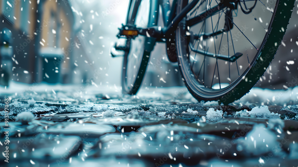 Close-up of bicycle wheels on a cobblestone street with snow falling gently in the background Close-up of bicycle wheels on a cobblestone street with snow falling gently in the background