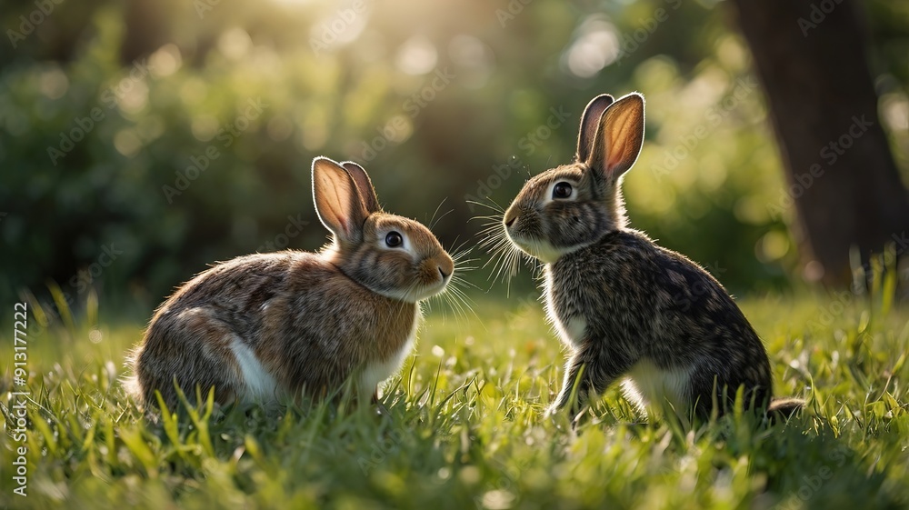 Obraz premium Two rabbits are sitting in the grass, one of them looking at the other