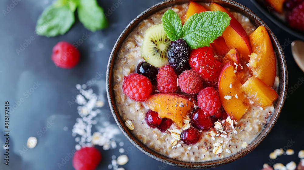 Oatmeal with fruit and spices. A healthy breakfast option for vegetarians and vegans. Oatmeal with fruit and spices. A healthy breakfast option for vegetarians and vegans.