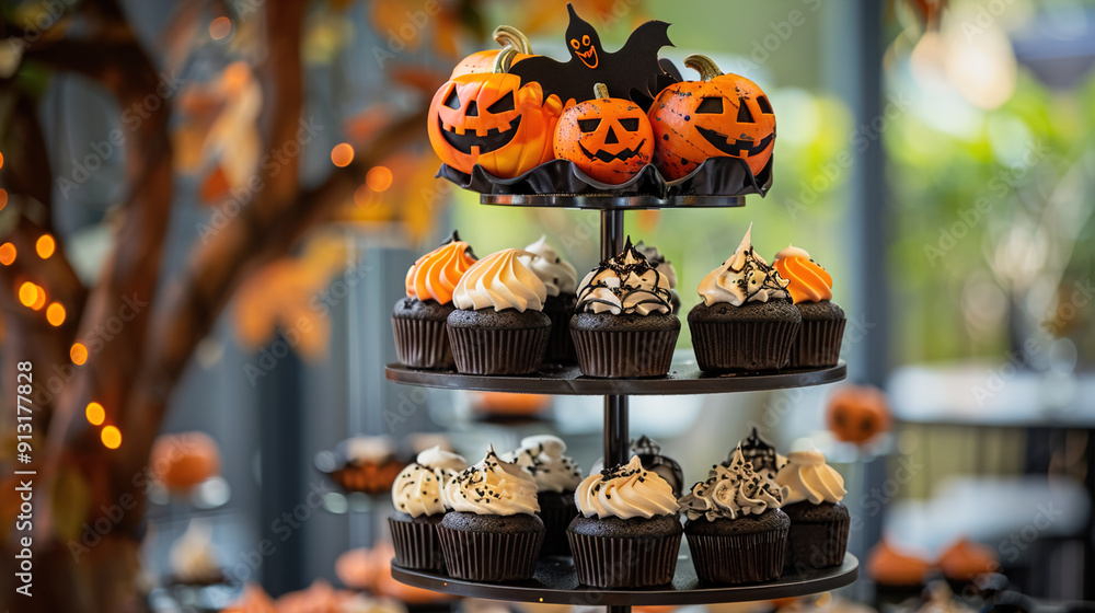 A three-tiered dessert stand is adorned with an array of Halloween-themed cupcakes. The cupcakes feature dark chocolate bases with assorted frosting in white, black, and orange. Toppings include sprin