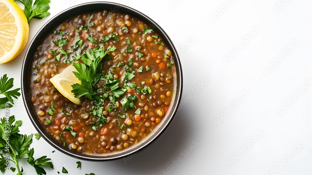 A realistic top view of a bowl of lentil soup garnished with fresh parsley and a lemon wedge, set against a white background. A realistic top view of a bowl of lentil soup garnished with fresh parsley and a lemon wedge, set against a white background.