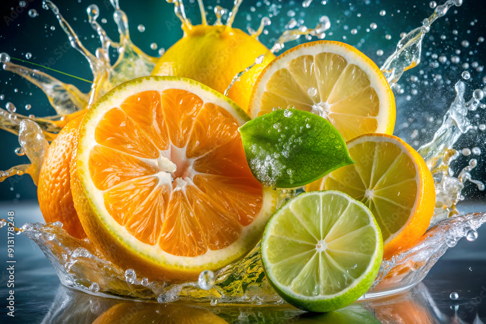 A splash of water is falling on a plate with a slice of orange and a lime. The orange slice is cut in half and the lime is cut in half as well A splash of water is falling on a plate with a slice of orange and a lime. The orange slice is cut in half and the lime is cut in half as well