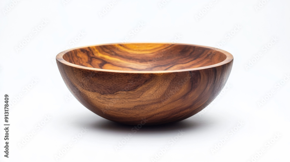 A beautiful wooden bowl sits on a white background. It's a handmade piece of kitchenware. A beautiful wooden bowl sits on a white background. It's a handmade piece of kitchenware.