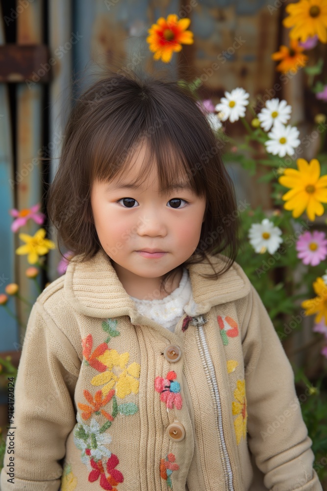 A young child wearing a floral sweater stands amidst a vibrant garden, capturing the essence of youth and natural beauty. A young child wearing a floral sweater stands amidst a vibrant garden, capturing the essence of youth and natural beauty.