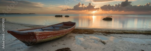 A solitary boat rests on a tranquil beach during sunrise, with calm waters reflecting the serene colors of the morning. photo