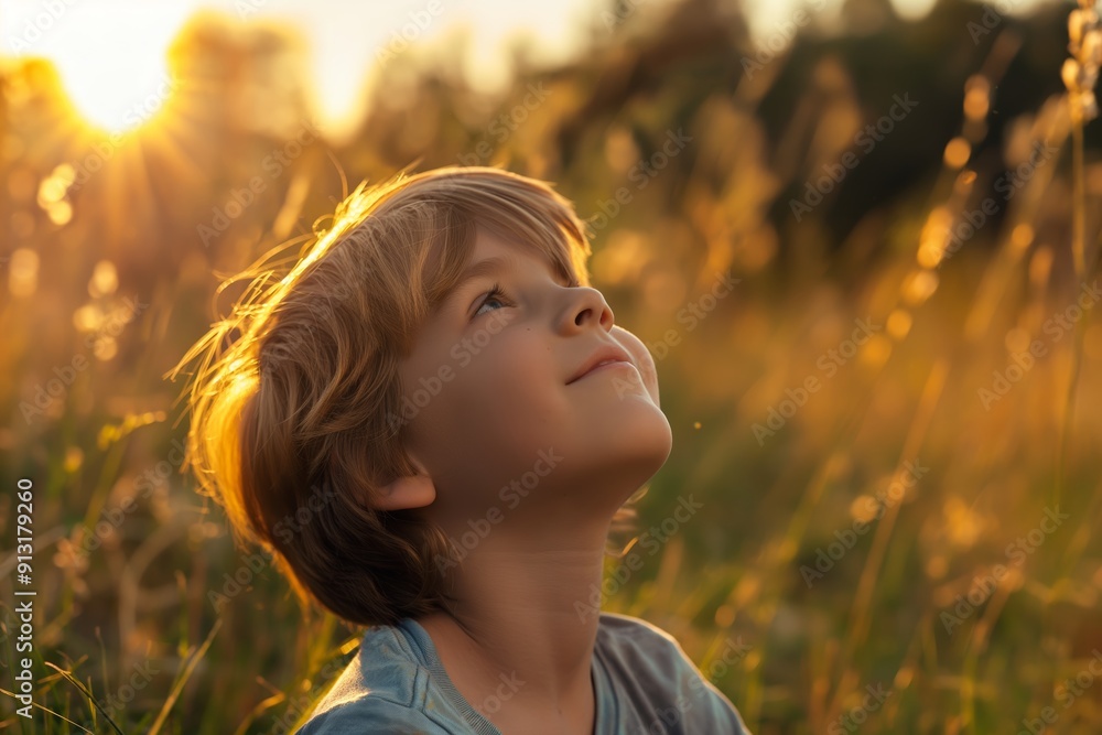 A child with blonde hair enjoys the golden hues of a sunset in a grassy field, capturing a beautiful and serene moment in nature. A child with blonde hair enjoys the golden hues of a sunset in a grassy field, capturing a beautiful and serene moment in nature.