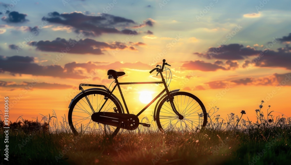 Obraz premium A silhouette of an old bicycle against the backdrop of sunset, symbolizing healthy lifestyle and outdoor activities Generative AI