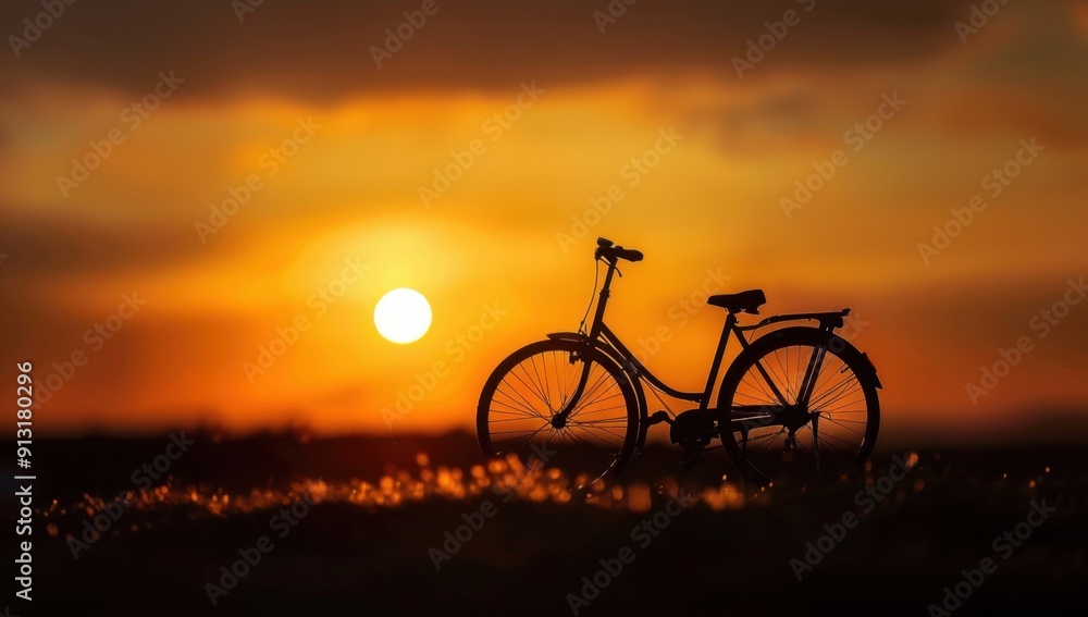 Obraz premium A silhouette of an old bicycle against the backdrop of sunset, with the sun setting in the background The bike is silhouetted against the sky and bathed in golden light Generative AI
