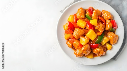 A realistic top view of a plate of sweet and sour chicken with bell peppers and pineapple chunks, arranged on a white background, chinese food
