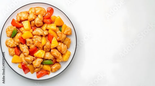 A realistic top view of a plate of sweet and sour chicken with bell peppers and pineapple chunks, arranged on a white background, chinese food