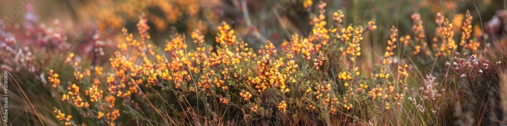 Amber yellow heather flowers amidst a dense grassy patch ranging from pale pink to deep reds thriving in rocky roadside crevices Pastel colored floral clusters nature s exquisite bouquets Amber yellow heather flowers amidst a dense grassy patch ranging from pale pink to deep reds thriving in rocky roadside crevices Pastel colored floral clusters nature s exquisite bouquets