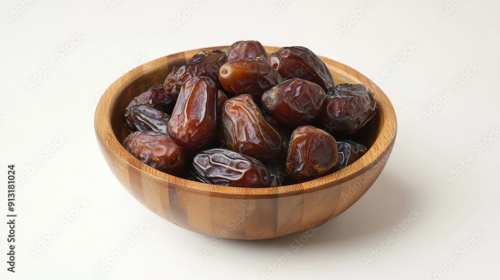 Dried dates, a popular fruit during Ramadan, are displayed in a wooden bowl on a white surface. Dried dates, a popular fruit during Ramadan, are displayed in a wooden bowl on a white surface.