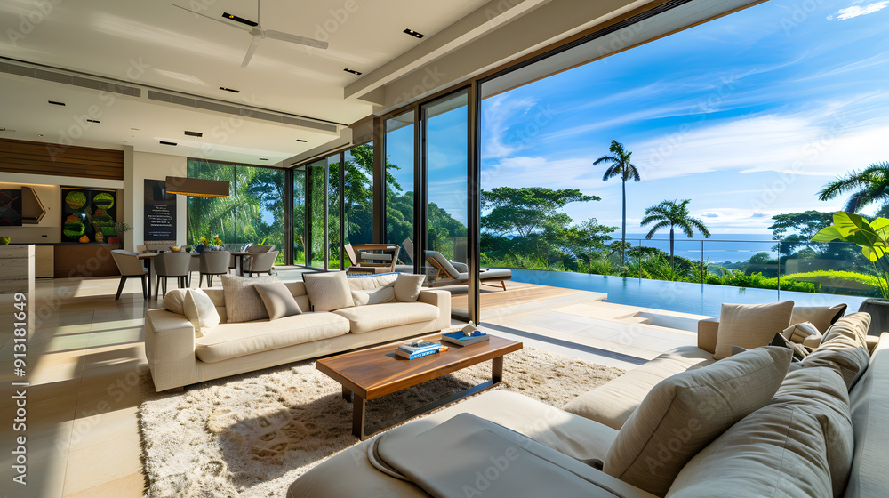 A modern tropical retreat with floor-to-ceiling windows offering breathtaking views of the ocean and lush gardens. A modern tropical retreat with floor-to-ceiling windows offering breathtaking views of the ocean and lush gardens.