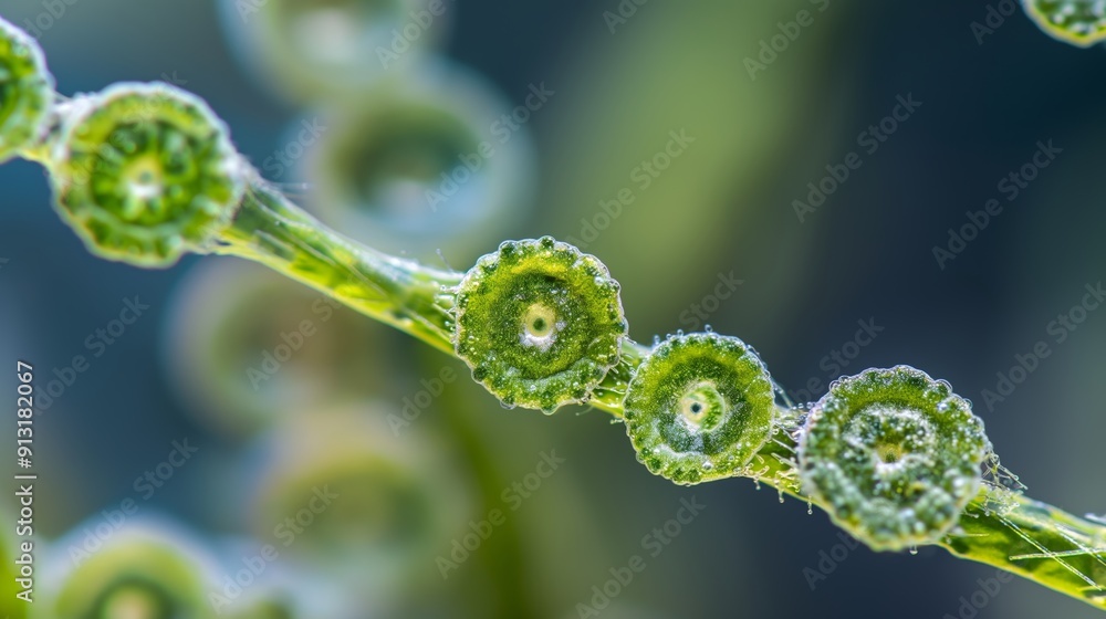 Close-up of green circular structures on a plant stem, showcasing details of microbiology with a blurred background Close-up of green circular structures on a plant stem, showcasing details of microbiology with a blurred background
