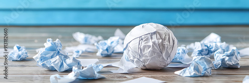 Frustration depicted with crumpled papers and a stress ball photo