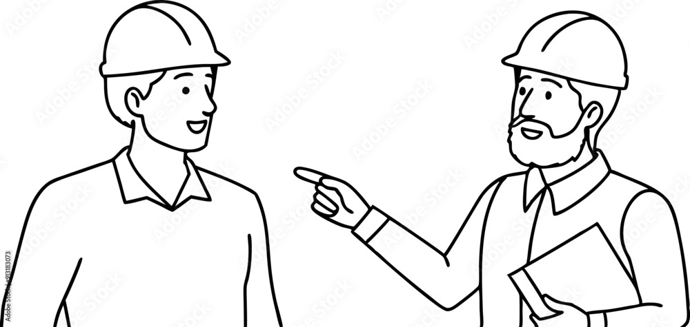 Two Construction Workers Discussing A Project On Site Two Construction Workers Discussing A Project On Site