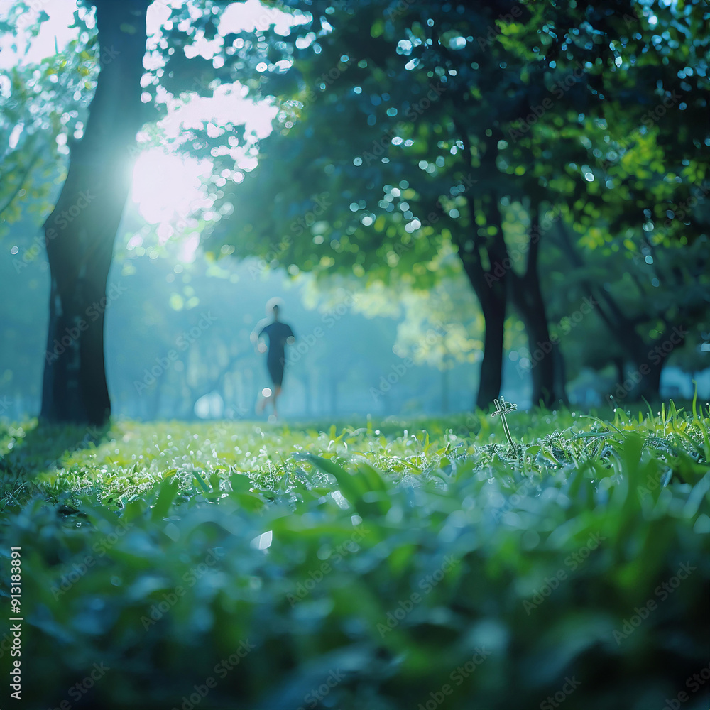 A person jogs along a scenic path in a park, surrounded by greenery and trees. A person jogs along a scenic path in a park, surrounded by greenery and trees.