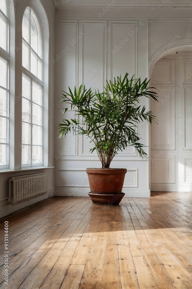 A large plant is sitting in a pot on a wooden floor in a room with white walls A large plant is sitting in a pot on a wooden floor in a room with white walls
