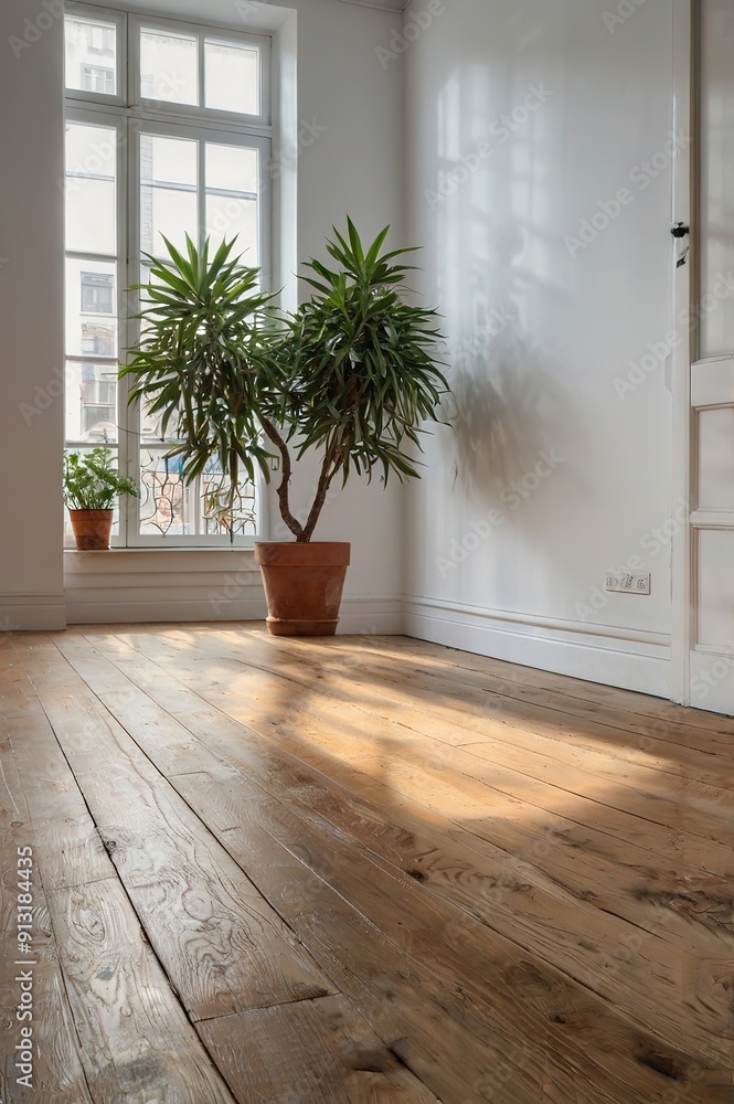 A large potted plant sits in front of a window in a room with wooden floors A large potted plant sits in front of a window in a room with wooden floors