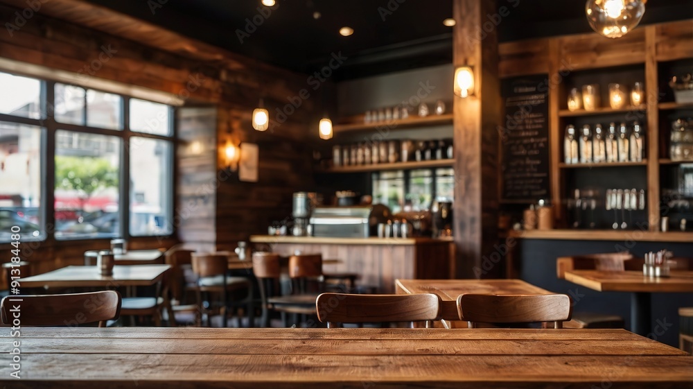 A restaurant with wooden tables and chairs, and a chalkboard menu A restaurant with wooden tables and chairs, and a chalkboard menu