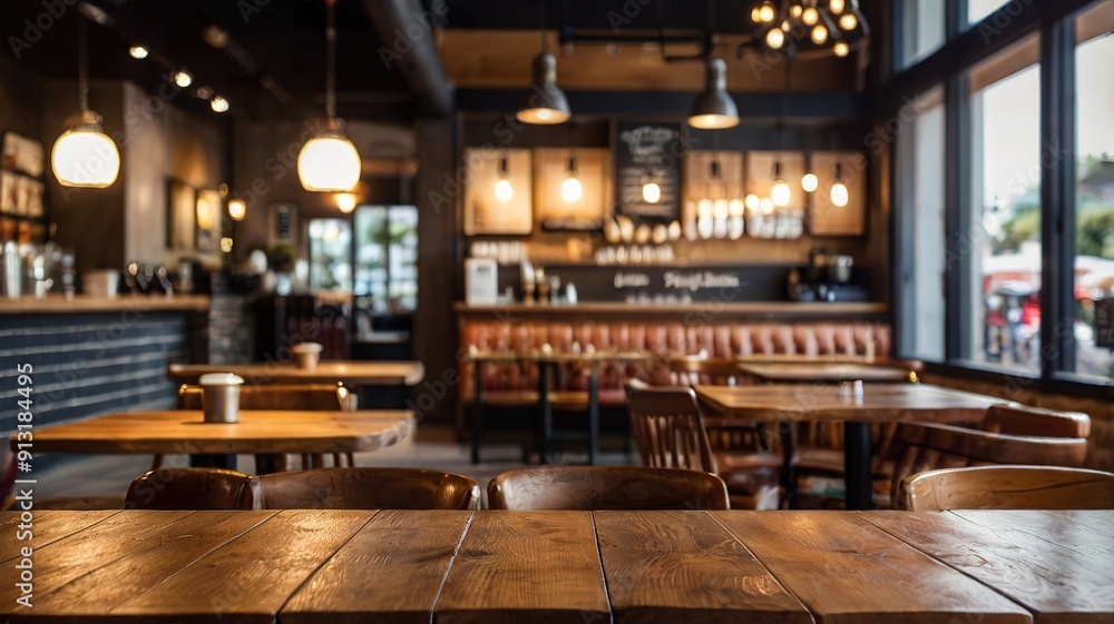 A restaurant with a wooden table and chairs A restaurant with a wooden table and chairs