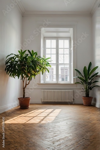 A large window in a room with a plant in a pot