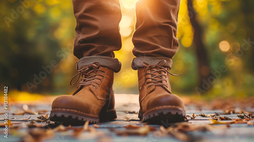 Guy wearing a leather shoes and tan color jean close up look in the autumn