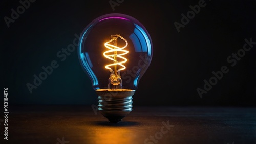 A light bulb is lit up and is glowing in a dark room