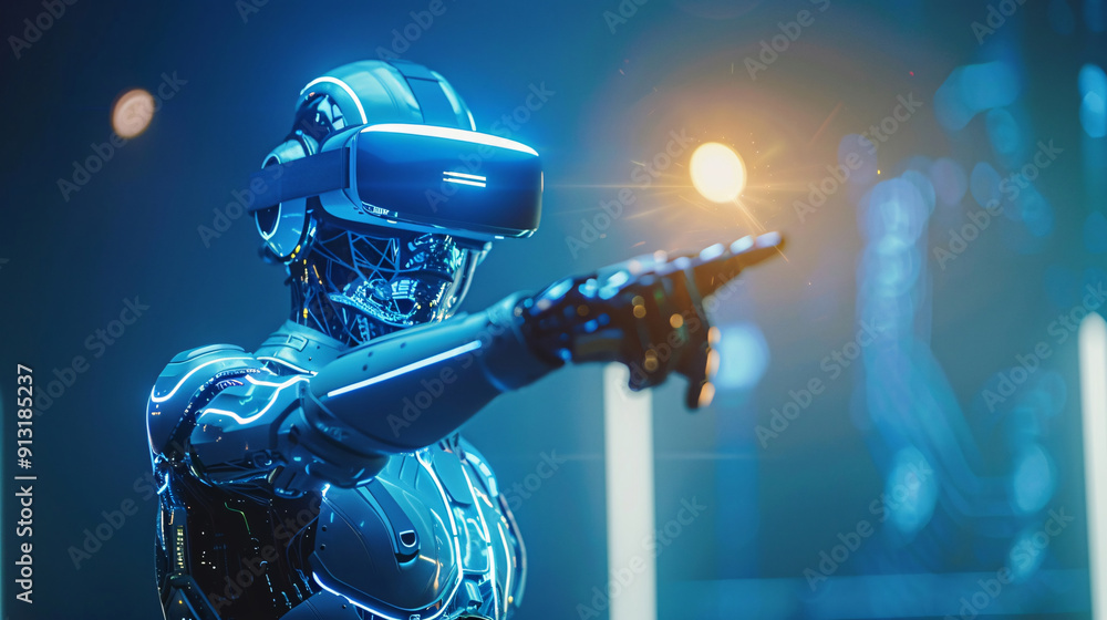Fototapeta premium robot pointing his finger in a blue tech background with glowing lights