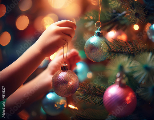 Close up em mãos de uma criança colocando um enfeite na árvore de Natal. photo