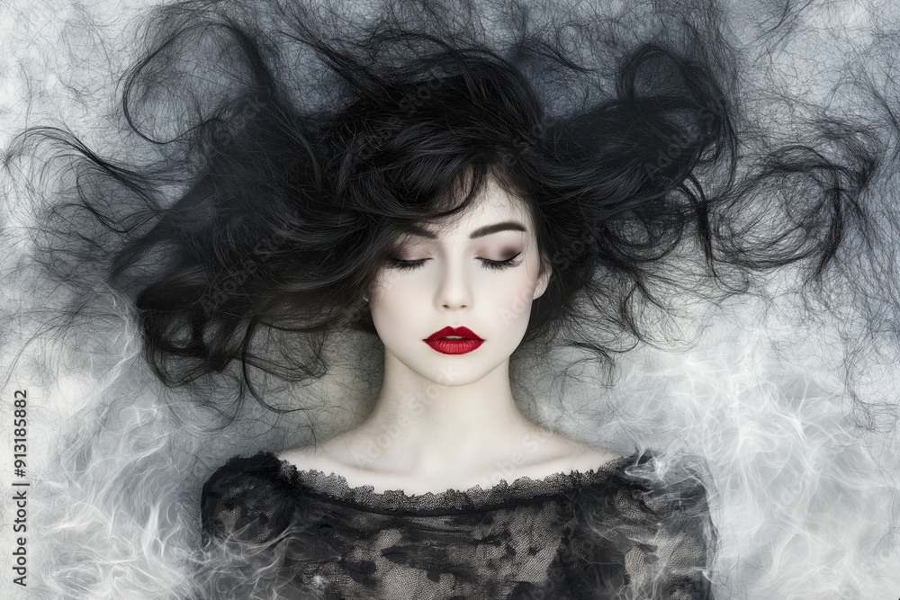 Fototapeta premium A conceptual portrait of a woman with dark, voluminous hair and striking red lips, lying against a smoky background