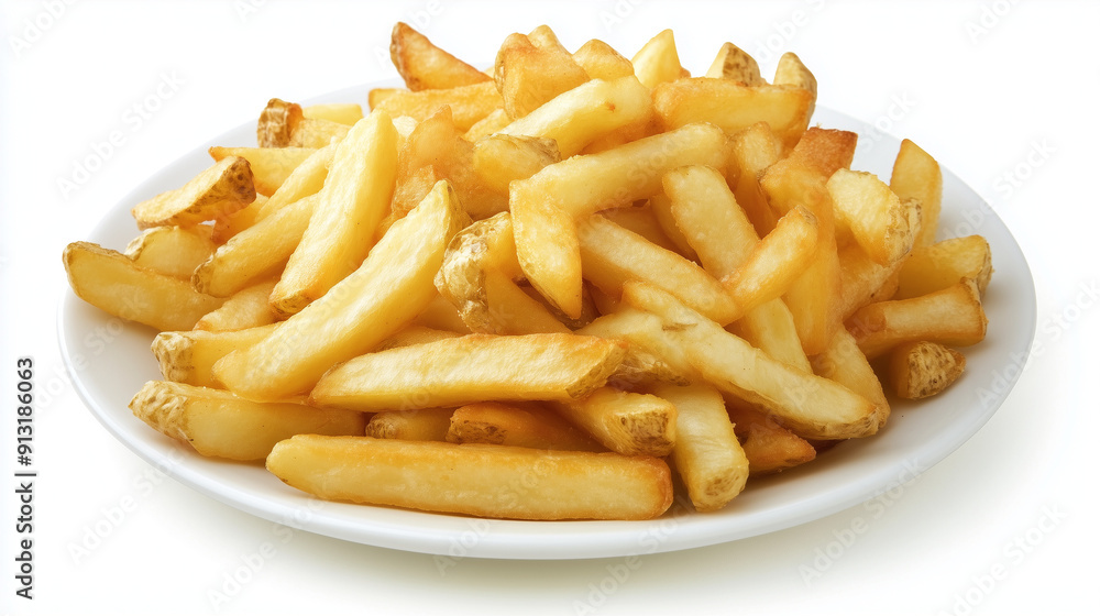 A plate with fries against a white background, highlighting the golden and crispy texture of the fries. A plate with fries against a white background, highlighting the golden and crispy texture of the fries.