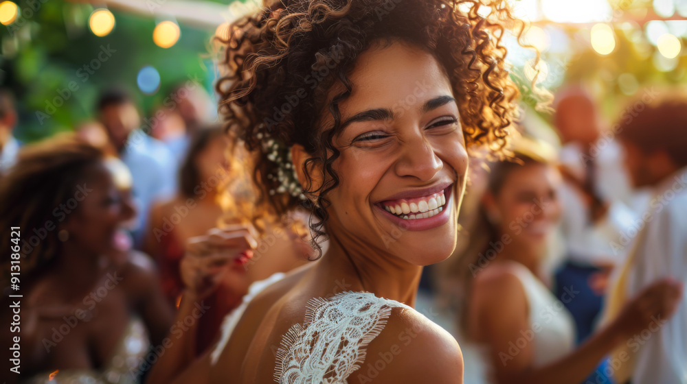 Fototapeta premium Portrait of a happy African American woman having fun at a summer party. Young woman enjoying an outdoor holiday at sunset. Holiday, party concept.