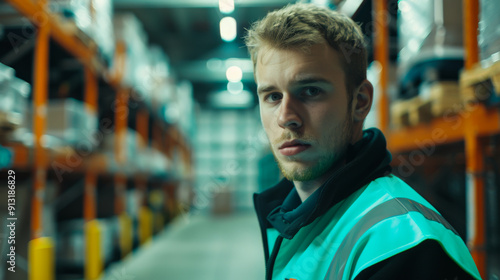 Portrait of a young man working as a logistician in a warehouse in a turquoise uniform. A warehouse employee looks at the camera while standing indoors. Concept of industry, logistics. photo