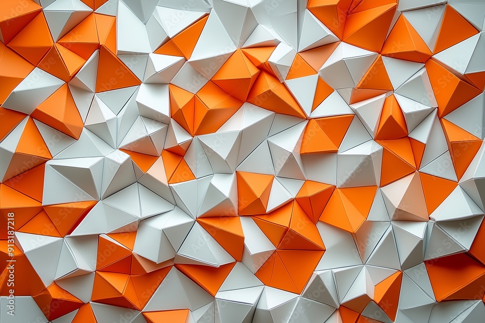 A textured surface composed of white and orange geometric shapes, featuring a mix of triangles and pyramids in a three-dimensional arrangement A textured surface composed of white and orange geometric shapes, featuring a mix of triangles and pyramids in a three-dimensional arrangement