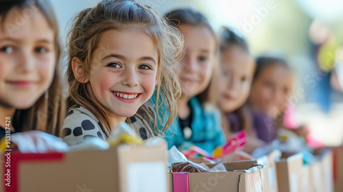 A group of children enthusiastically collecting donations for animal shelters at a community center, donation boxes and smiling faces, bottom third copy space. Responsibility, Work photo