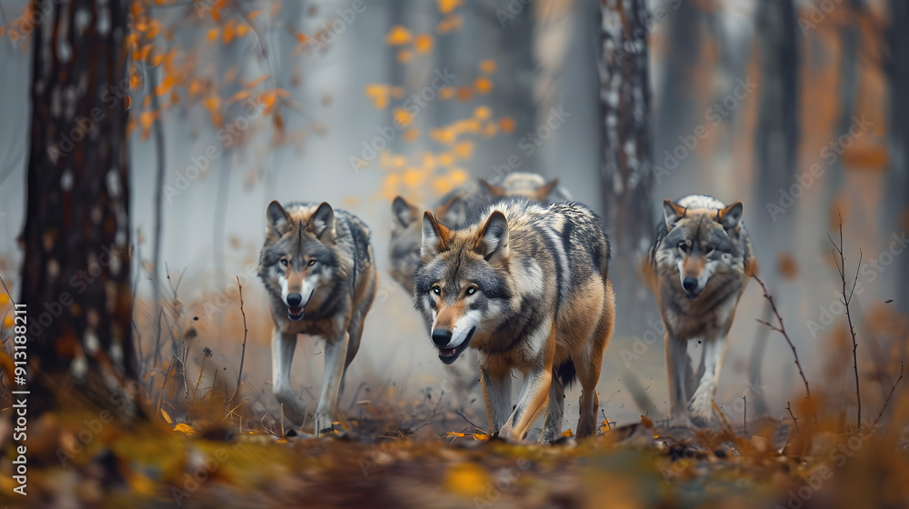 A pack of wolves moving stealthily through a dense forest with mist rising from the ground. A pack of wolves moving stealthily through a dense forest with mist rising from the ground.