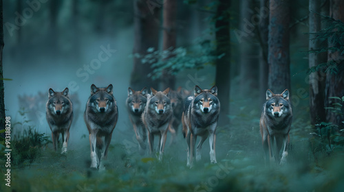 A pack of wolves moving stealthily through a dense forest with mist rising from the ground. photo