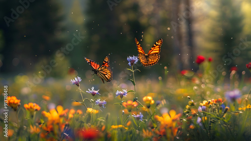 A pair of butterflies fluttering above a forest meadow filled with wildflowers. photo