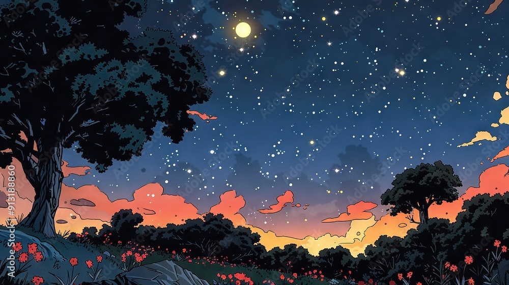 A night sky painting featuring stars, a tree in the foreground, and a field of flowers in the background A night sky painting featuring stars, a tree in the foreground, and a field of flowers in the background