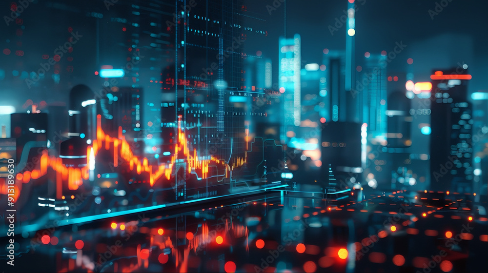 Fototapeta premium Leverage trading stock market graph with skyscaper skyline abstract background 