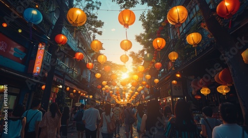 Crowd of People Walking Down a City Street