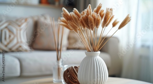White Vase With Dry Grass on Table
