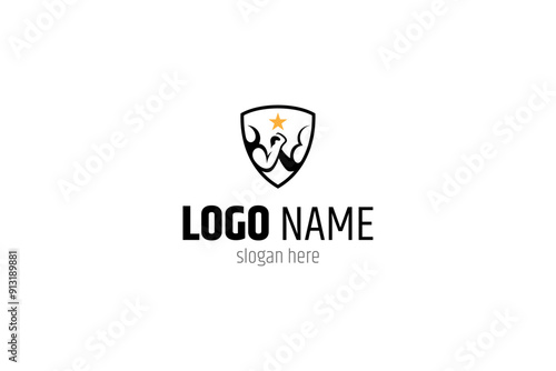 arm wrestling bodybuilding logo in shield shape with stars flat vector design