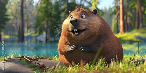 beaver 3D animation cartoon style, colorful, happy, friendly, 3d cartoon, nature, outdoors photo