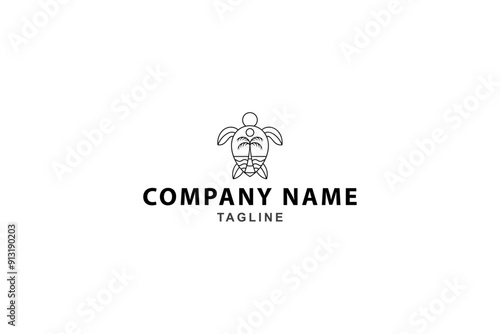 turtle logo with combination of summer beach scene in line art design