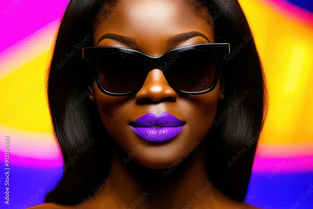 Portrait of beautiful young African American woman in black sunglasses and purple lipstick color against neon lights illuminated background Portrait of beautiful young African American woman in black sunglasses and purple lipstick color against neon lights illuminated background