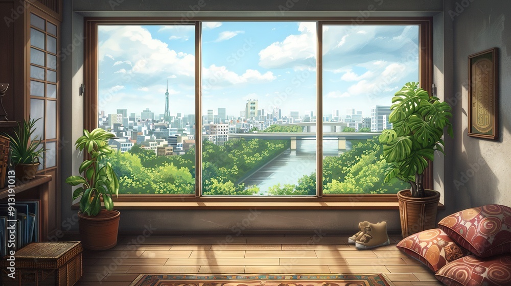   A  bear rests on the floor while a city skyline and river view outshine through a window
