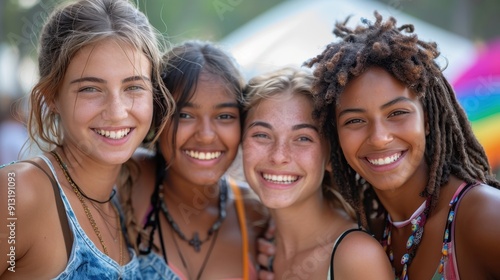 Three young women are smiling at the camera. Happy friends have fun together. International Friendship Day